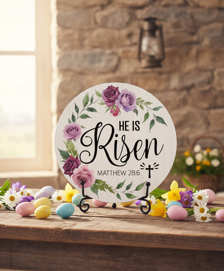 He Is Risen Floral Round Wood Sign Easter Decor