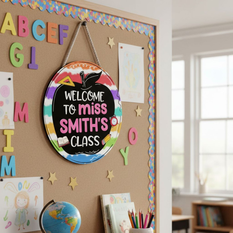 Heart of the Classroom Custom Apple Teacher Round Wood Sign