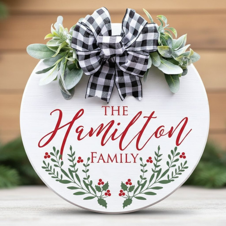 Holly Border Custom Name Christmas Round Wood Sign Pattern