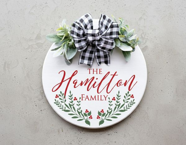 Holly Border Custom Name Christmas Round Wood Sign Pattern