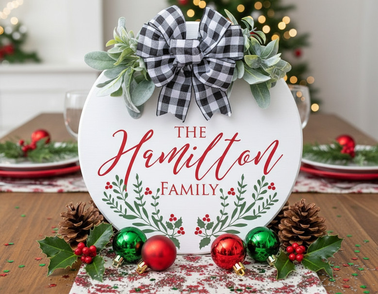 Holly Border Custom Name Christmas Round Wood Sign Pattern