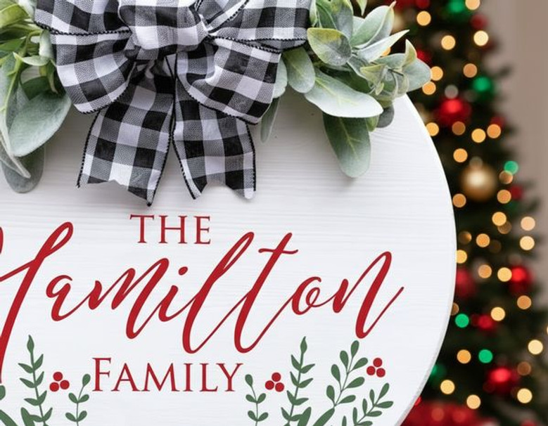 Holly Border Custom Name Christmas Round Wood Sign Pattern