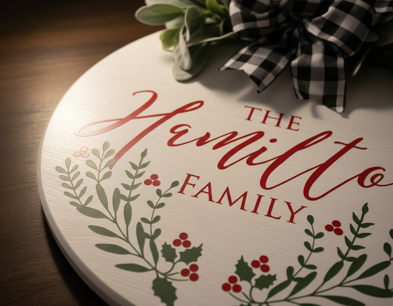 Holly Border Custom Name Christmas Round Wood Sign Pattern