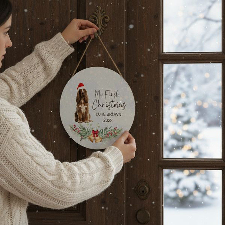 My First Dog Christmas Round Wood Sign with Custom Name
