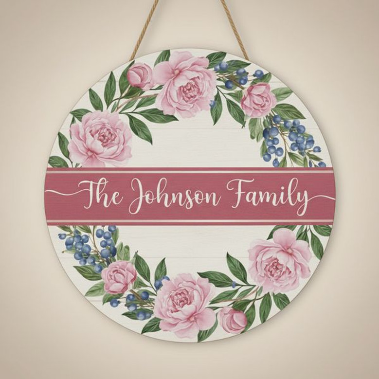 Personalized Family Floral Round Wood Sign Gift Decor
