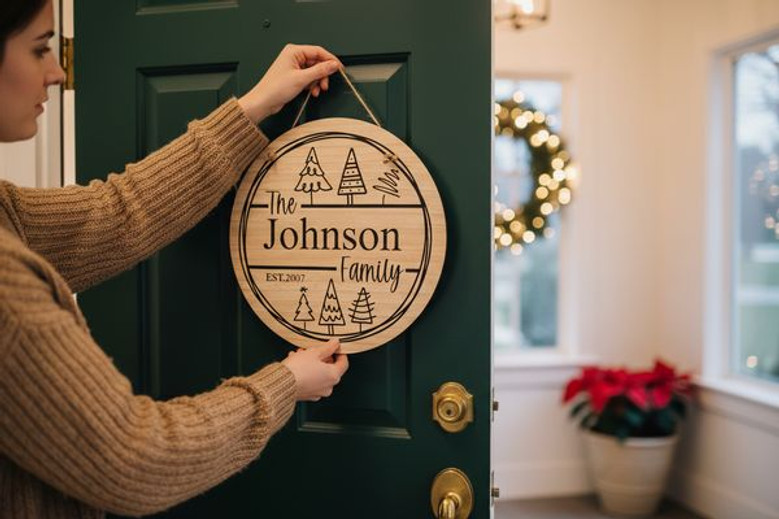 Personalized Family Name Christmas Round Wood Sign with Tree Design