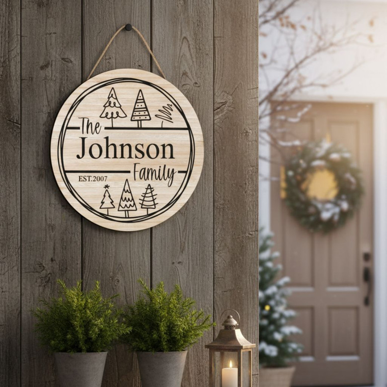 Personalized Family Name Christmas Round Wood Sign with Tree Design