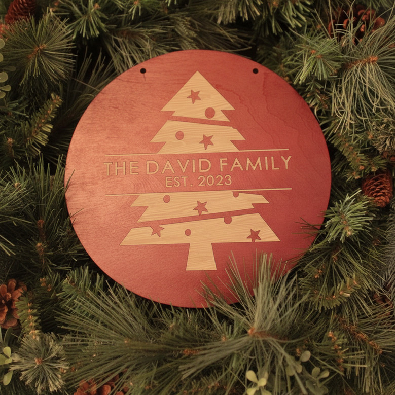 Personalized Family Name Christmas Tree Round Wood Sign Decor