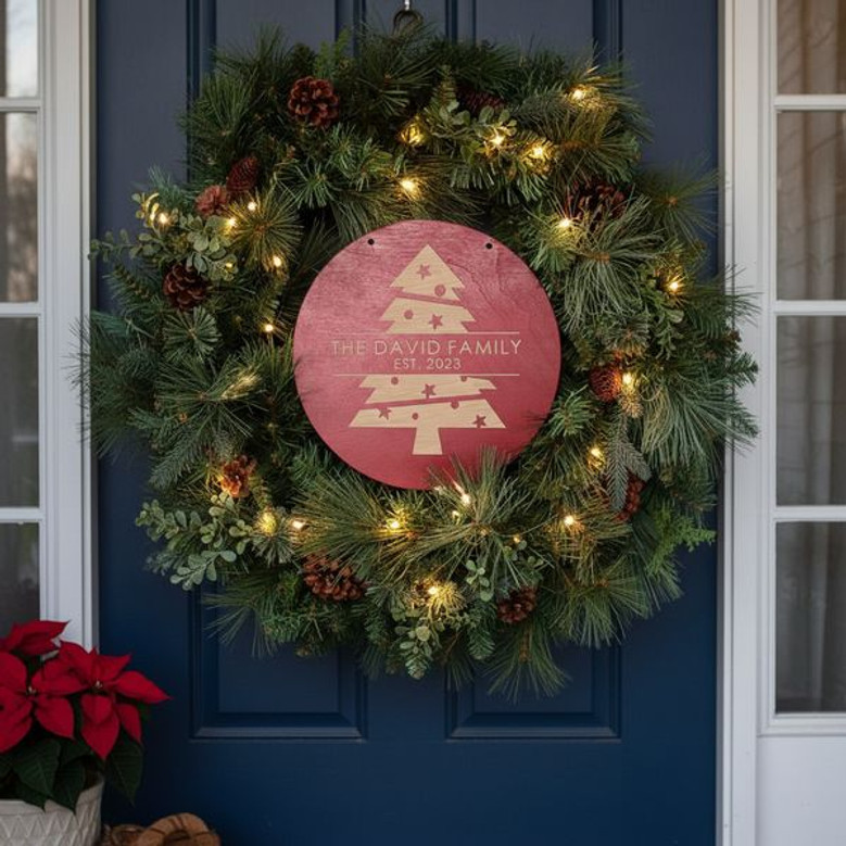 Personalized Family Name Christmas Tree Round Wood Sign Decor
