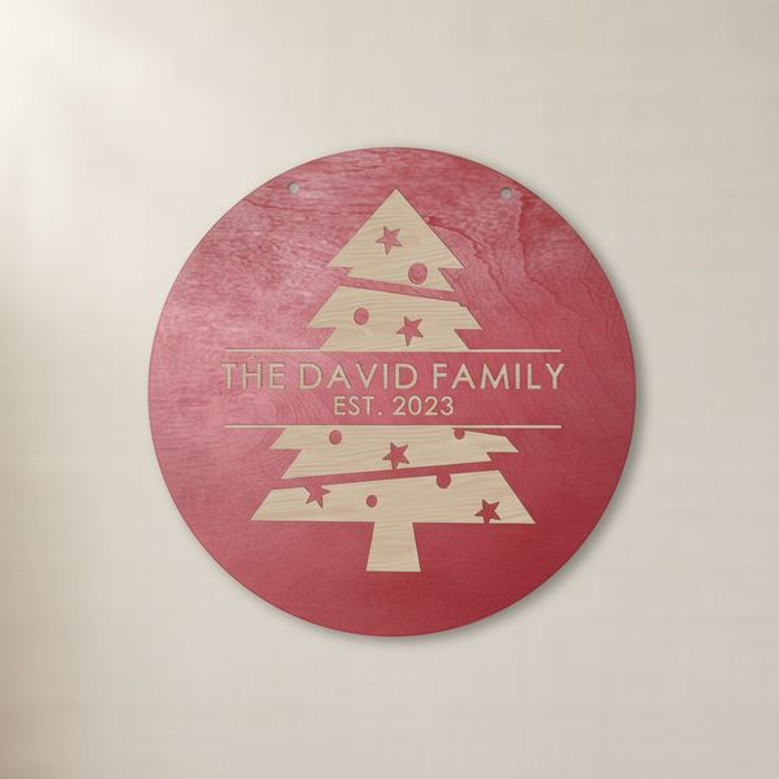 Personalized Family Name Christmas Tree Round Wood Sign Decor