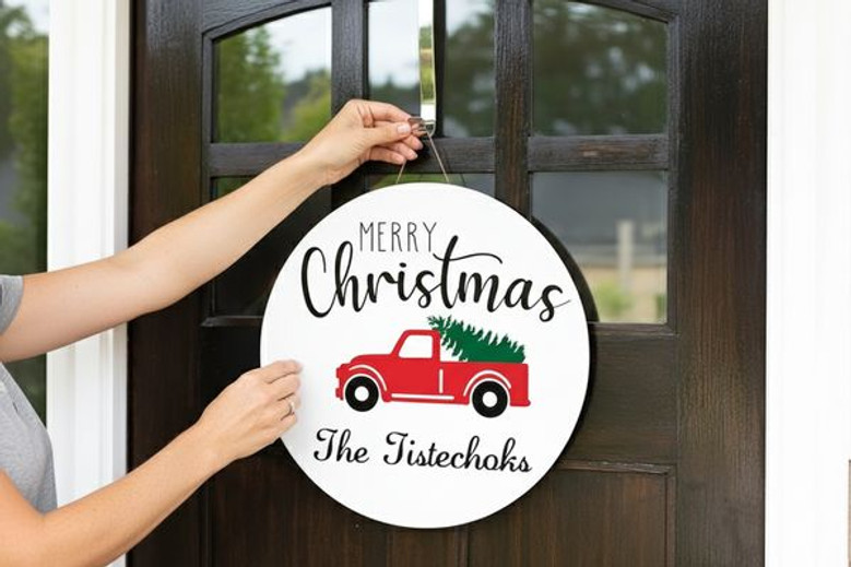 Personalized Farm Fresh, Truck Christmas Trees Round Wood Sign
