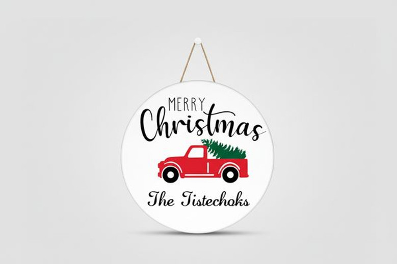 Personalized Farm Fresh, Truck Christmas Trees Round Wood Sign