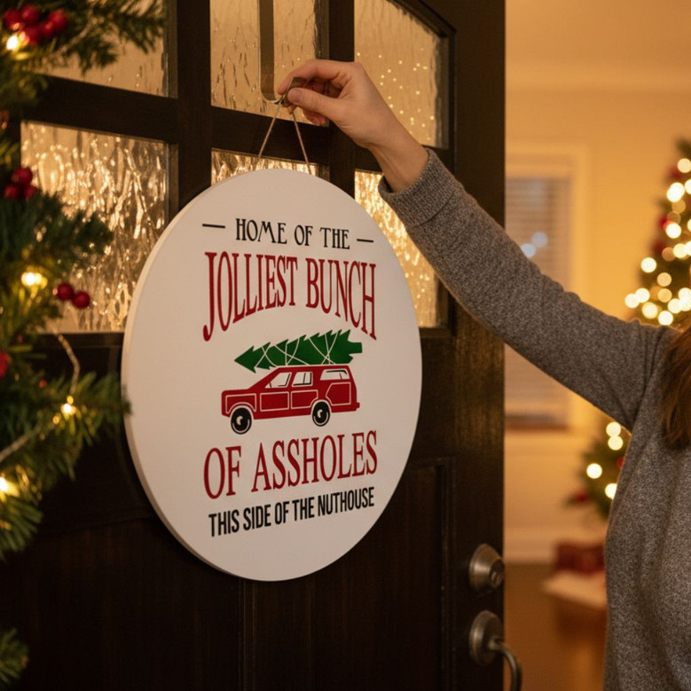 Personalized Red Truck Merry Christmas Round Wood Sign