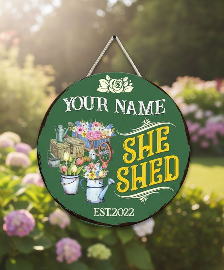 Personalized She Shed Floral Round Wood Sign Her Sanctuary Decor