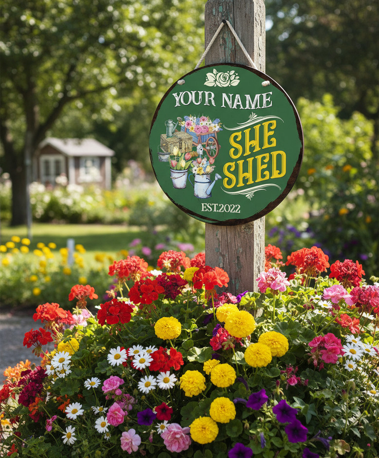 Personalized She Shed Floral Round Wood Sign Her Sanctuary Decor