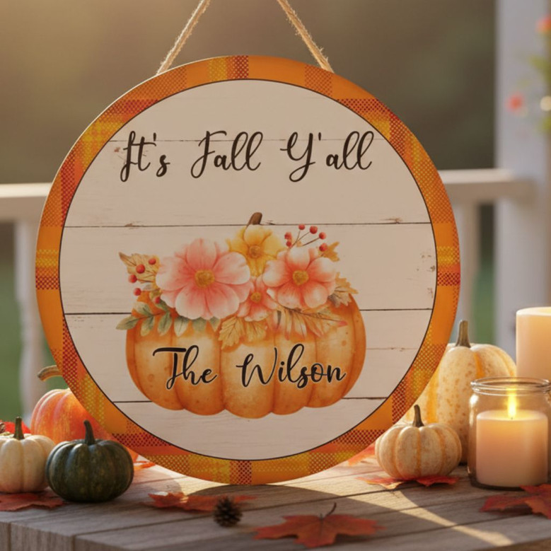 Personalized Sunflower Floral Fall Round Wood Sign Fall Decor