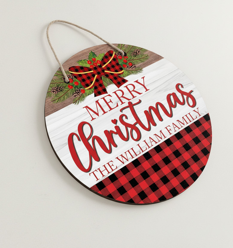 Red Plaid Tradition Your Custom Christmas Round Wood Sign