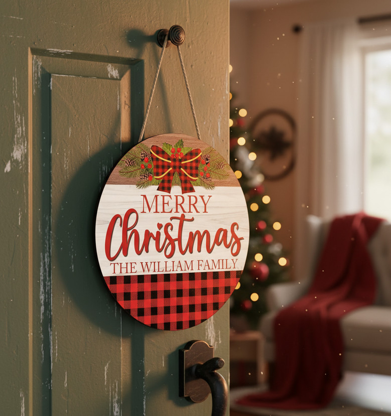 Red Plaid Tradition Your Custom Christmas Round Wood Sign