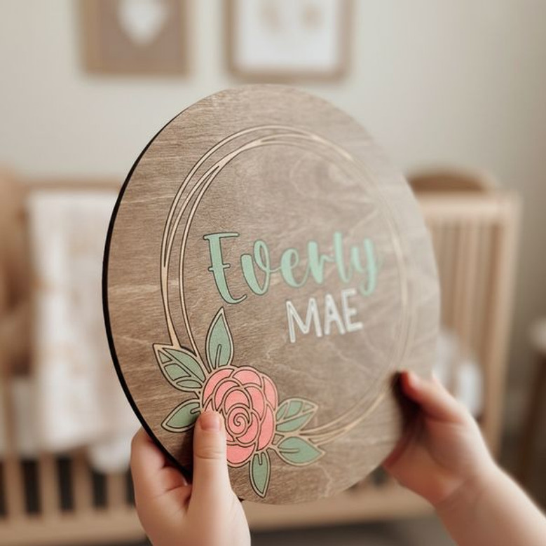Rose Kissed Floral Round Wood Sign Custom Nursery Decor