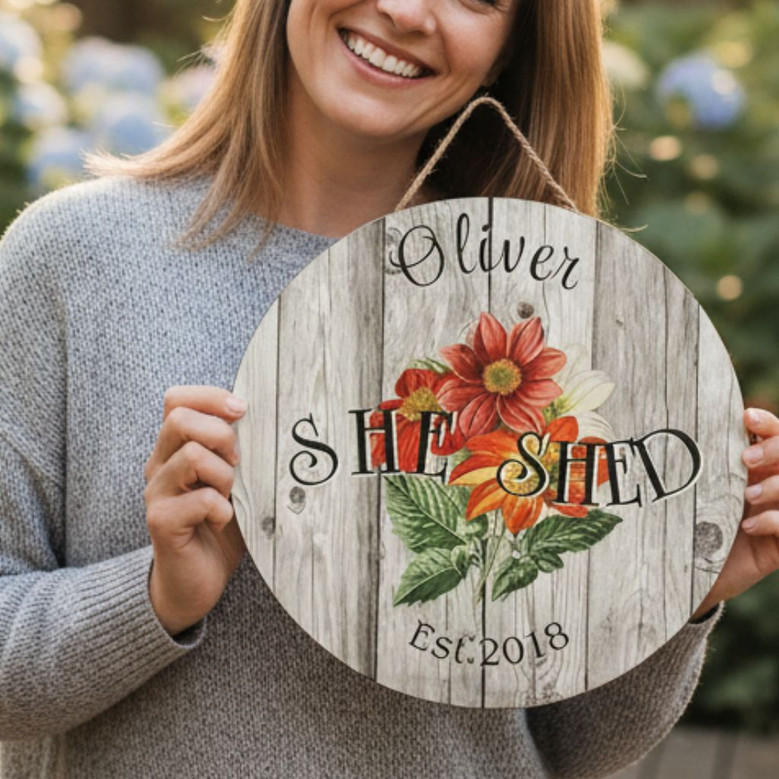 Rustic She Shed Retreat Custom Name Floral Round Wood Sign