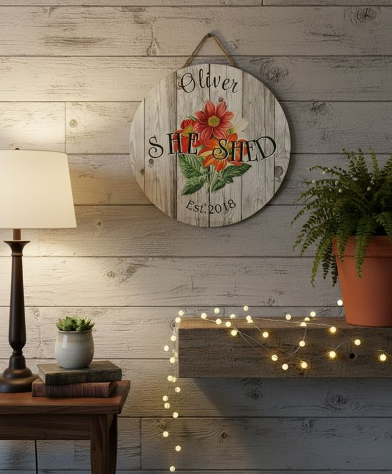 Rustic She Shed Retreat Custom Name Floral Round Wood Sign