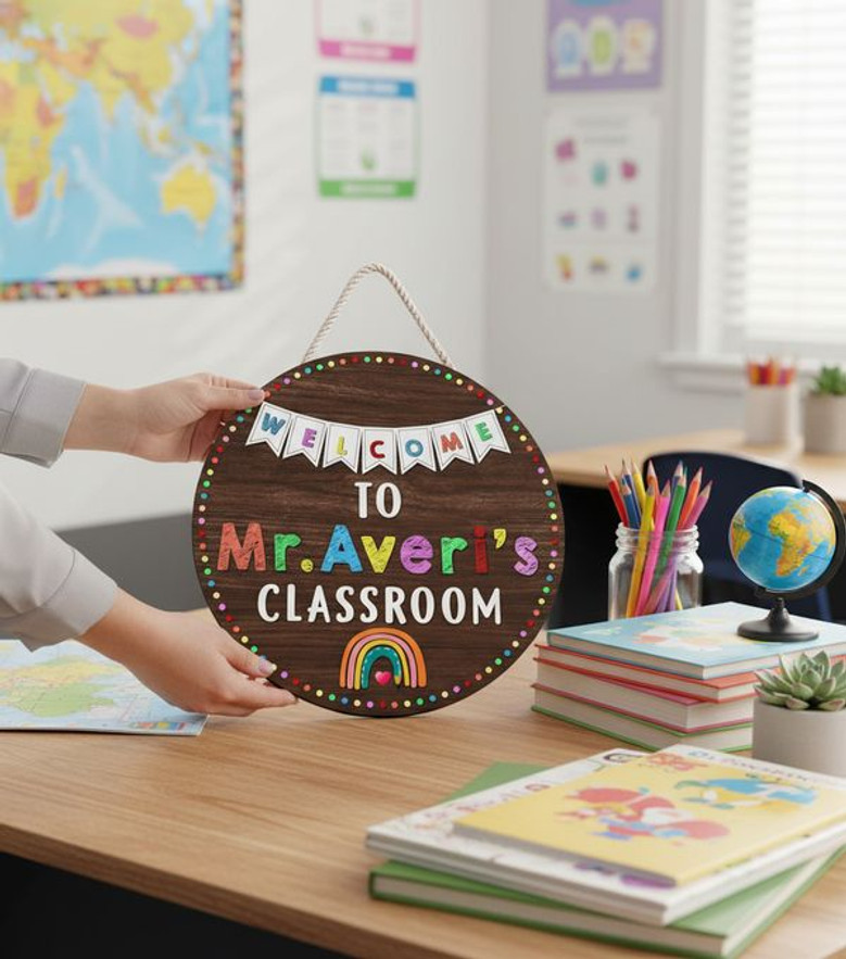 Vibrant Rainbow Teacher Round Wood Sign Custom Name Decor