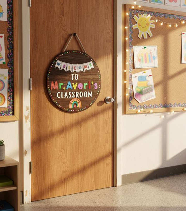 Vibrant Rainbow Teacher Round Wood Sign Custom Name Decor