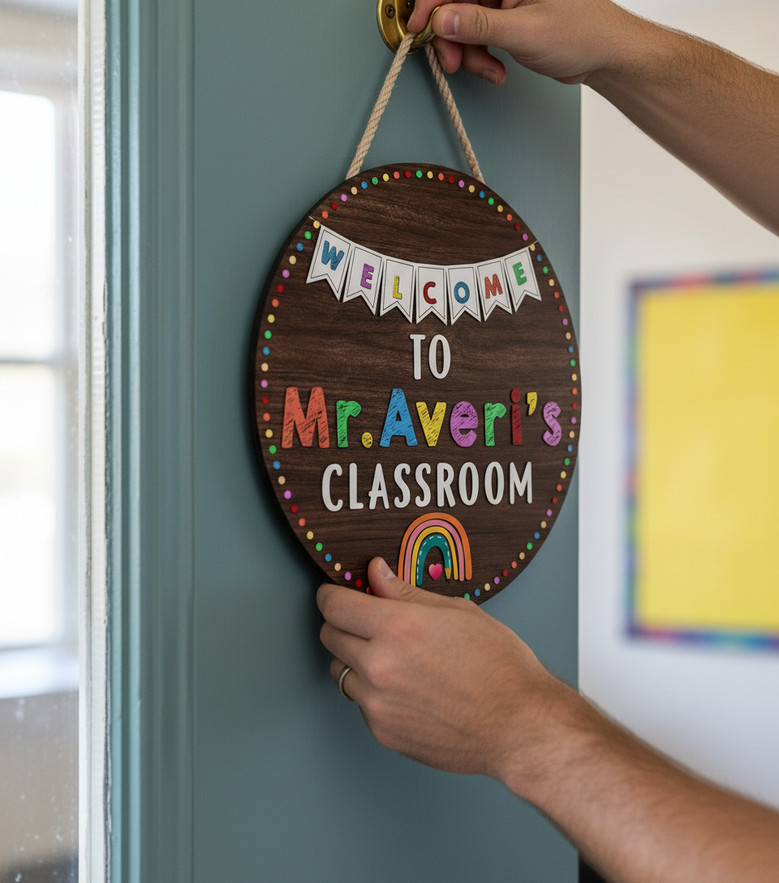 Vibrant Rainbow Teacher Round Wood Sign Custom Name Decor