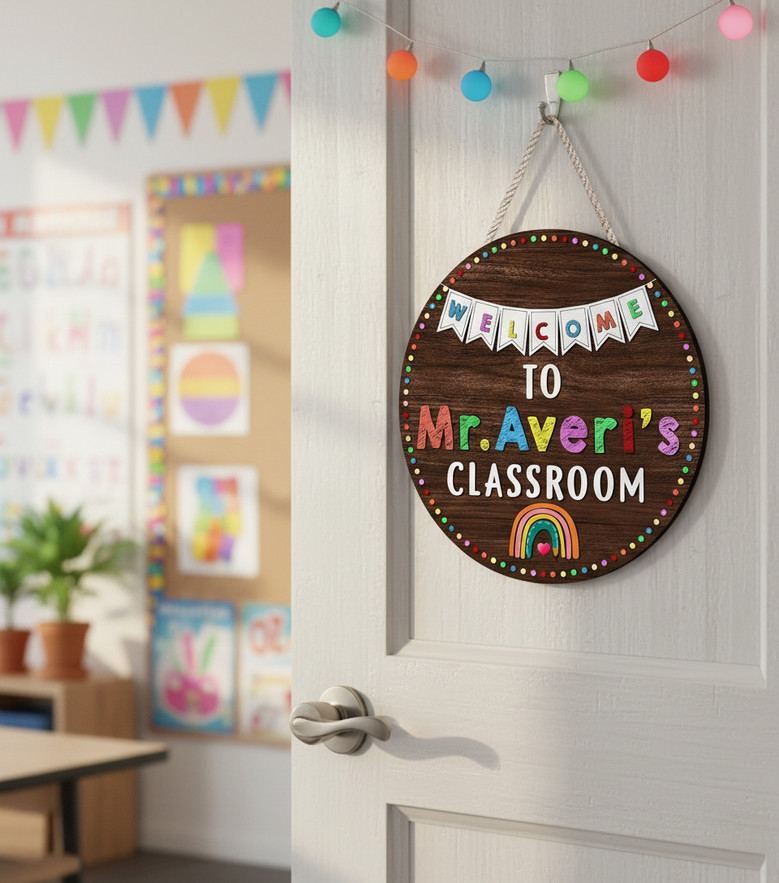 Vibrant Rainbow Teacher Round Wood Sign Custom Name Decor