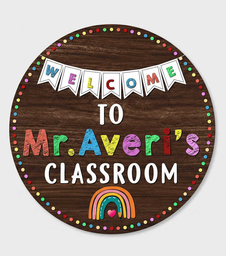Vibrant Rainbow Teacher Round Wood Sign Custom Name Decor