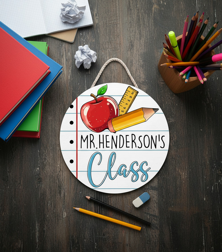 Where Greatness Grows Apple Pencil Teacher Round Wood Sign