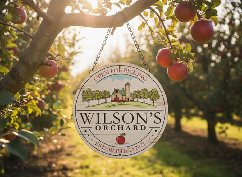 Apple Orchard Harvest Custom Farm Round Wood Sign