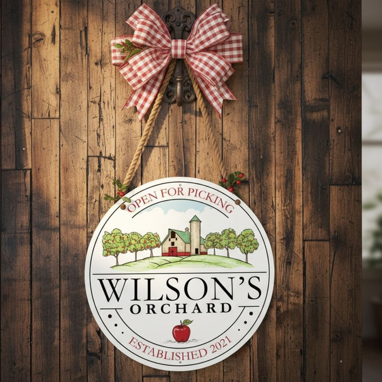 Apple Orchard Harvest Custom Farm Round Wood Sign