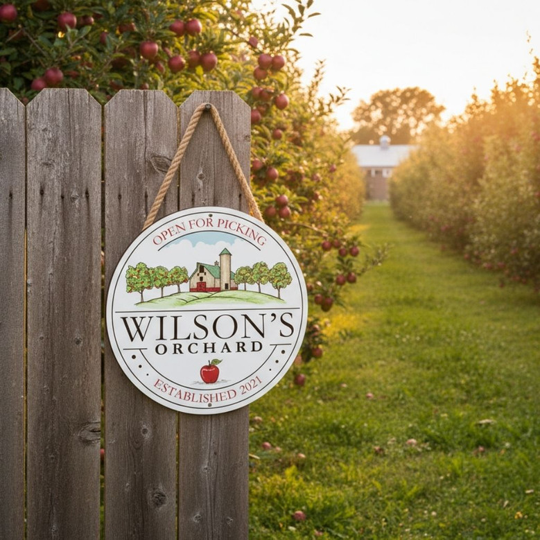 Apple Orchard Harvest Custom Farm Round Wood Sign