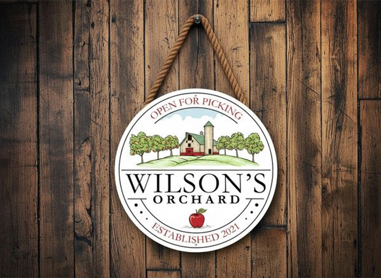 Apple Orchard Harvest Custom Farm Round Wood Sign