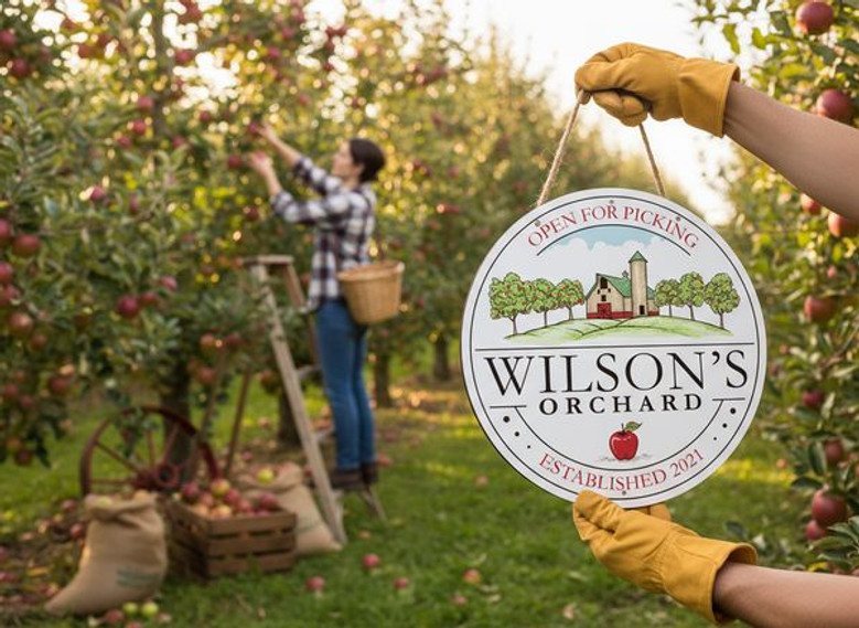 Apple Orchard Harvest Custom Farm Round Wood Sign
