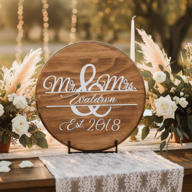Custom Wedding Round Wood Sign Personalized Mr and Mrs Last Name
