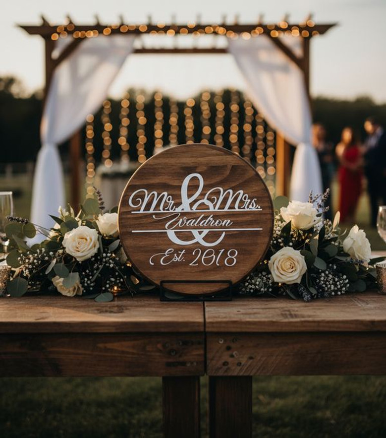 Custom Wedding Round Wood Sign Personalized Mr and Mrs Last Name