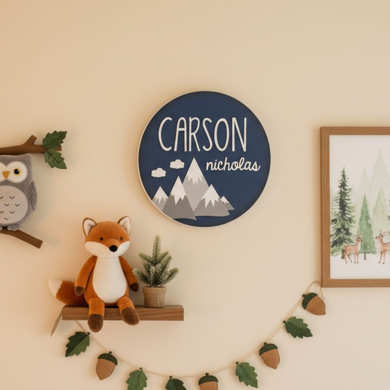 Custom Woodland Mountain Round Wood Sign for Baby Nursery Art