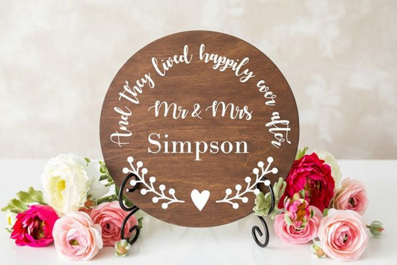 Forever Starts Here Personalized Mr and Mrs Wedding Round Wood Sign