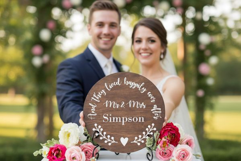 Forever Starts Here Personalized Mr and Mrs Wedding Round Wood Sign
