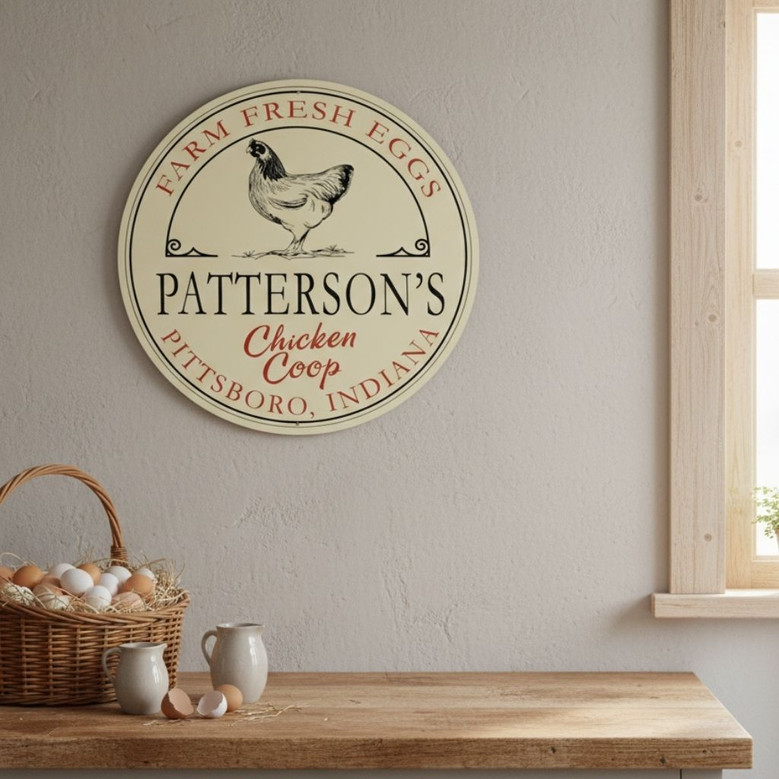 Fresh Eggs and Happy Hens Custom Chicken Farm Round Wood Sign