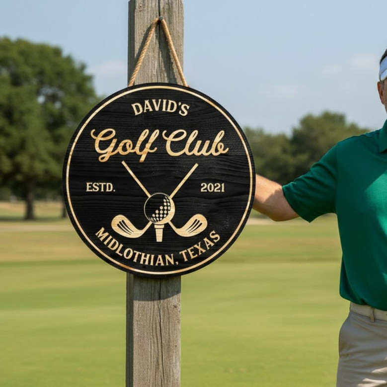 Golf Club Round Wood Sign – Personalized Name & Established Date Man Cave
