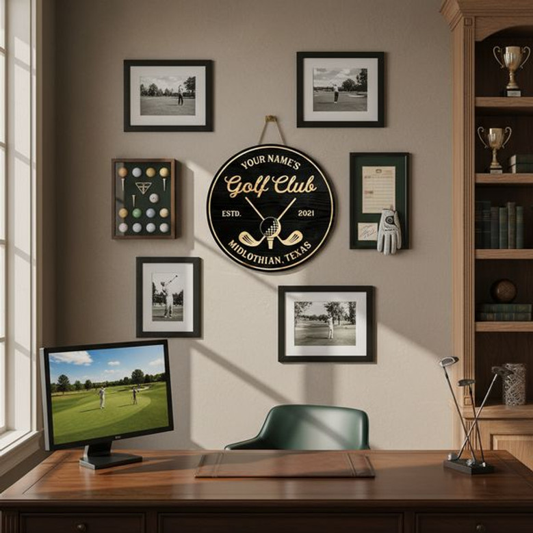 Golf Club Round Wood Sign – Personalized Name & Established Date Man Cave