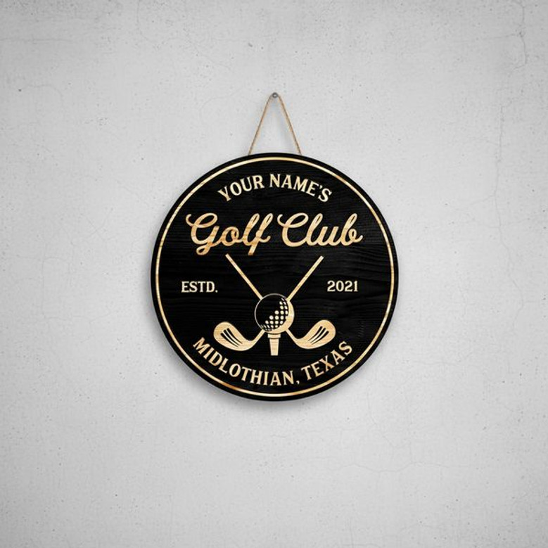 Golf Club Round Wood Sign – Personalized Name & Established Date Man Cave
