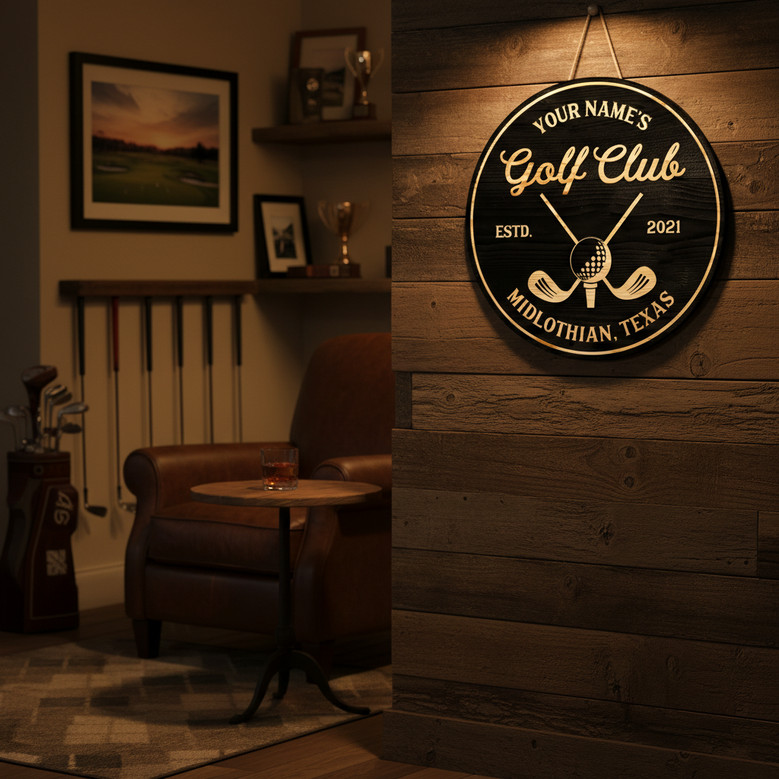 Golf Club Round Wood Sign – Personalized Name & Established Date Man Cave