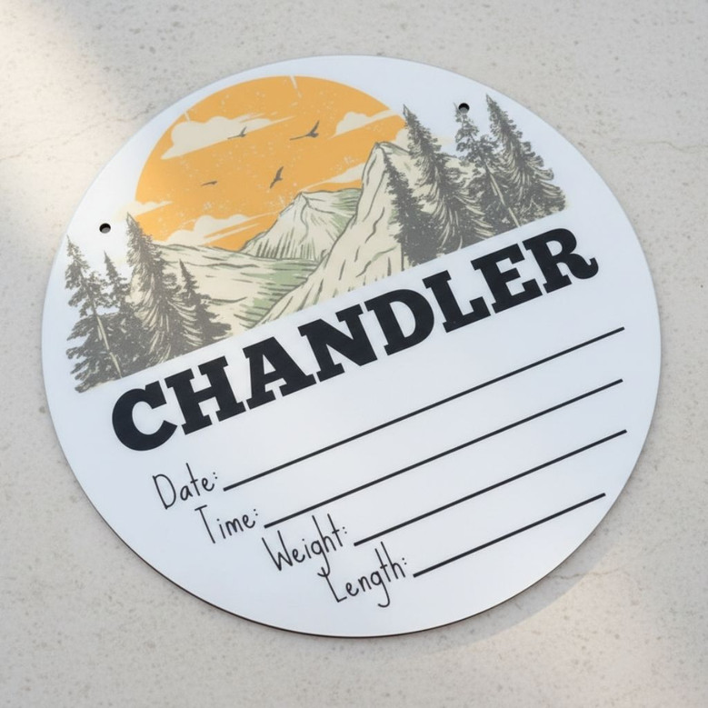 Mountain Nursery Round Wood Sign Woodland Birth and Adventure Keepsake