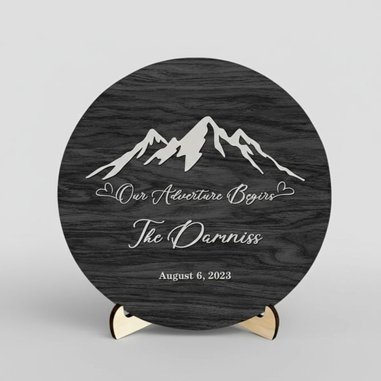 Mountain Round Wood Sign Custom Wedding Adventure Decor
