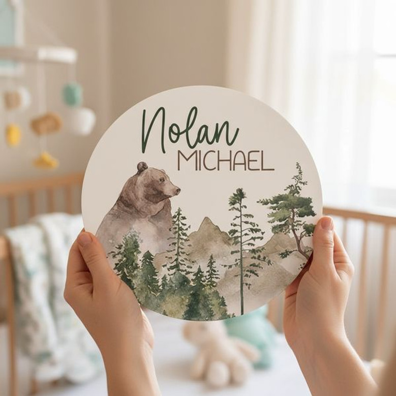 Mountain Round Wood Sign Personalized Baby Boy Adventure Name Art