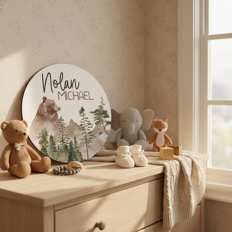 Mountain Round Wood Sign Personalized Baby Boy Adventure Name Art